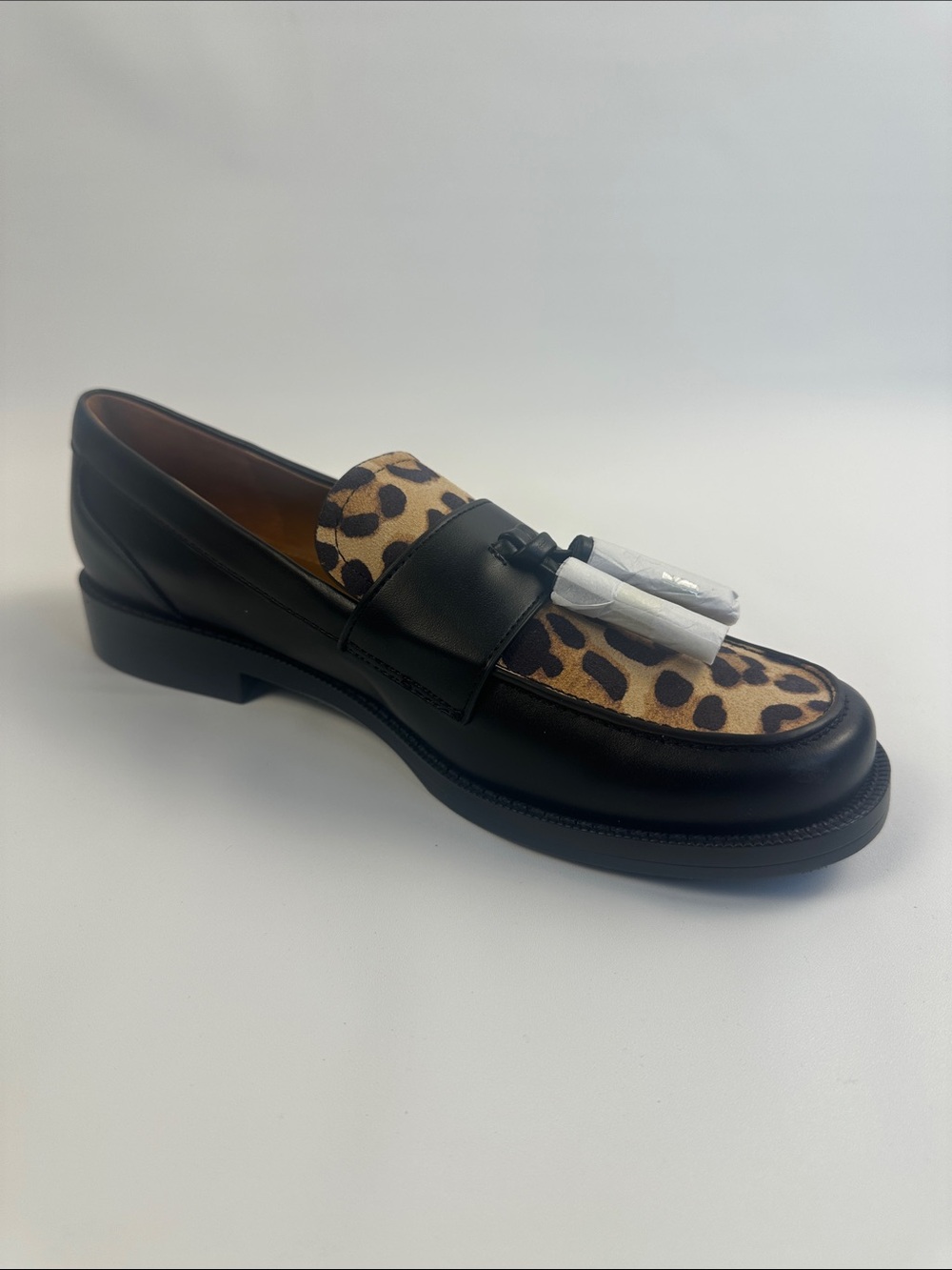 Women’s Franco Sarto Black Leather Loafers with Leopard Print Accent B121